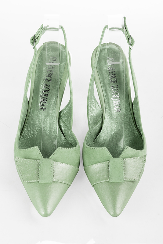 Mint green women's open back shoes, with a knot. Tapered toe. High spool heels. Top view - Florence KOOIJMAN